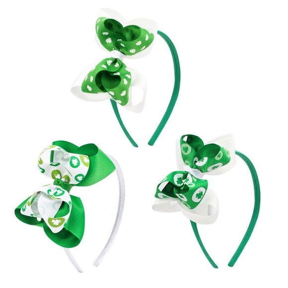 Set of 3 Girls Headbands St. Patrick's Day St. Patty.s Day Shamrock Hair Bows - Picture 1 of 4